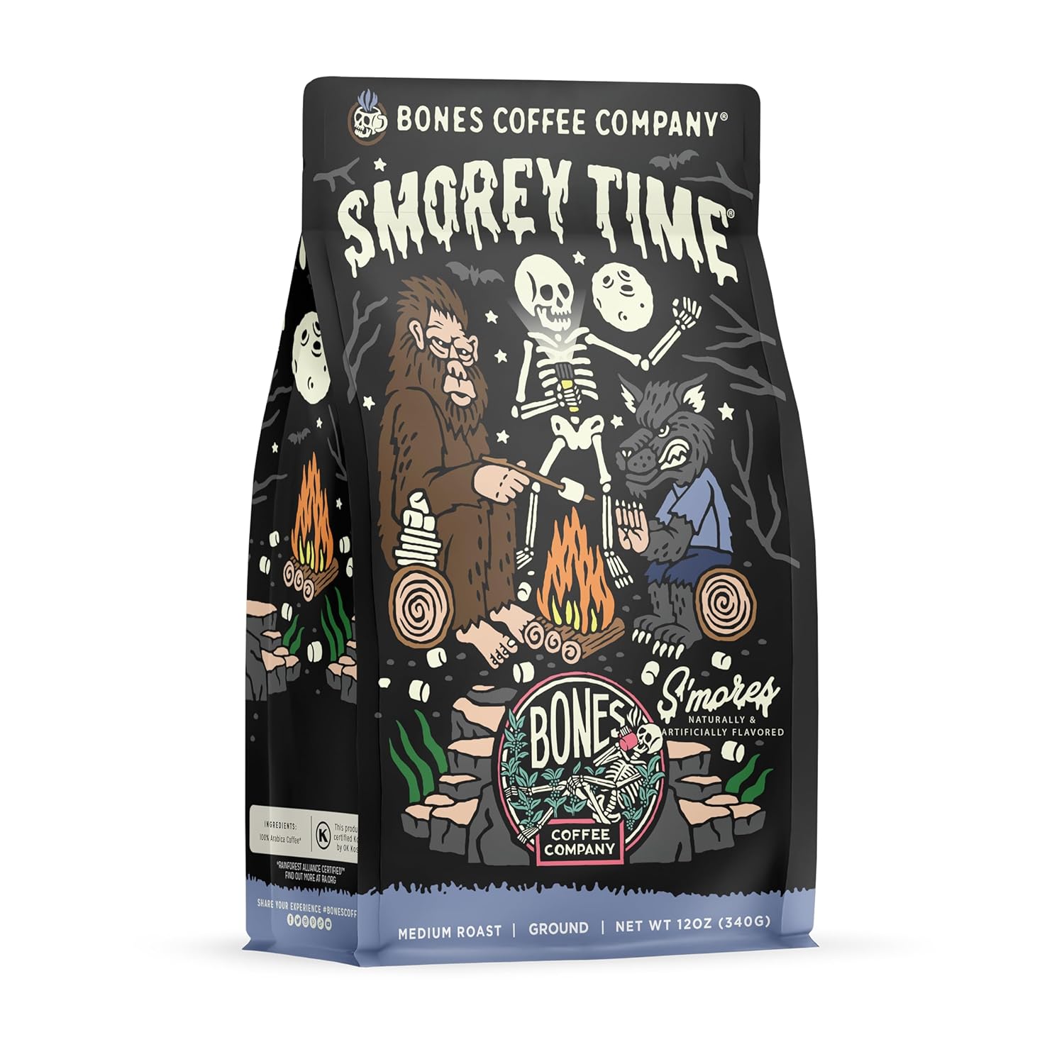 Bones Coffee Company S'morey Time Ground Coffee Beans S'mores and Graham Crackers Flavor | 12 oz Medium Roast Low Acid Coffee | Flavored Coffee Gifts & Beverages (Ground)