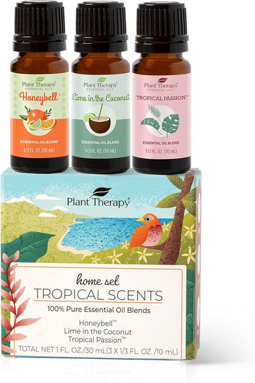 Plant Therapy Tropical Scents Home Set Of 3 Essential Oil Blends Including Natural Scents To Scent Your Home With Honeybell, Lime In The Coconut & Tropical Passion 10 Ml (1/3 Oz) Each