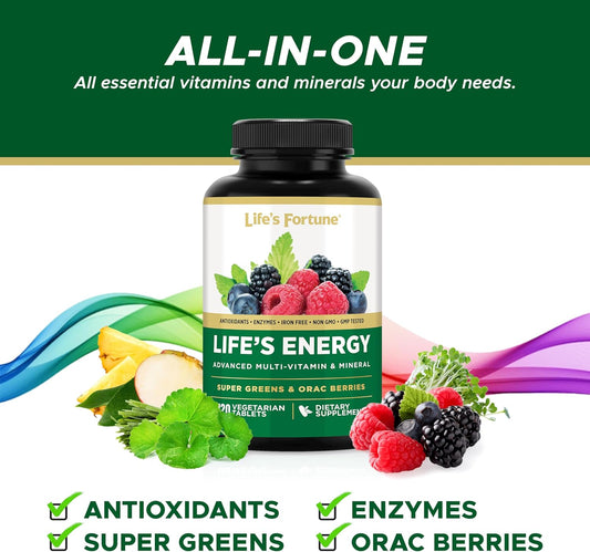 Life'S Fortune Life'S Energy Advanced Multi-Vitamin And Mineral For Men & Women, Non-Gmo - Super Greens - Orac Berries - Antioxidants - Enzymes - Iron Free - Gmp Tested, 120 Veggie Tablets