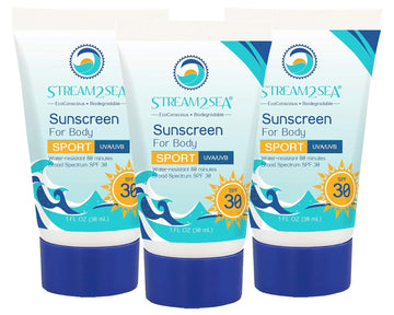 STREAM 2 SEA SPF 30 Mineral Sunscreen Biodegradable and Reef Safe, 1 Fl oz Travel Size Pack of 3, Paraben Free Non Greasy and Moisturizing Mineral Sunscreen For Face and Body Against UVA and UVB