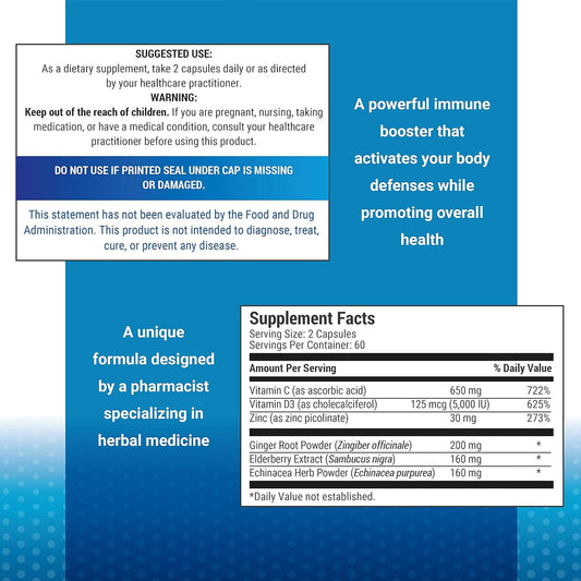 6 in 1 Immune Support 120 Capsules with Powerful Blend of Elderberry, Echinacea, Ginger, Vitamin C 650mg, Vitamin D3 5000 IU & Zinc Picolinate 30mg- Immune Booster Supplement for Adults and Kids