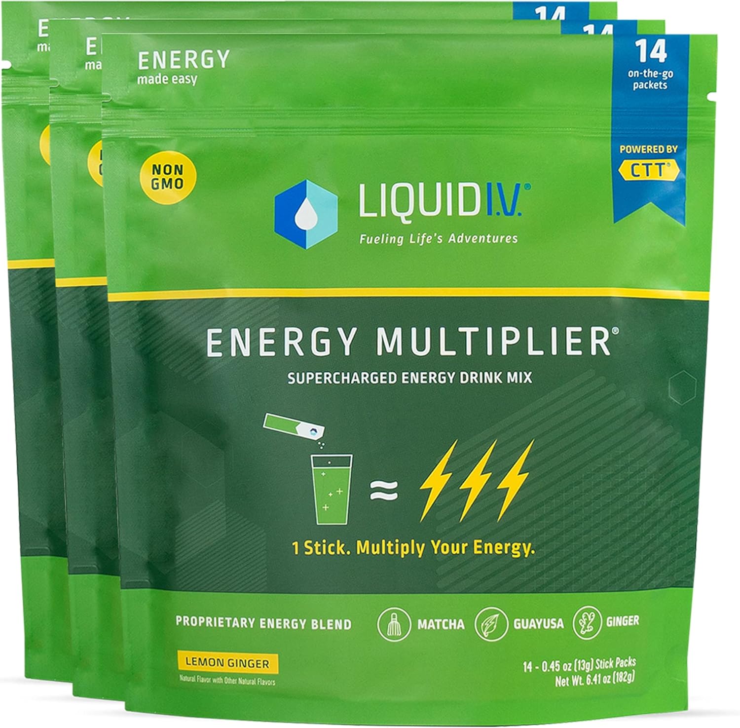 Liquid I.V.® Hydration Multiplier® +Energy - Lemon Ginger - Hydration Powder Packets | Electrolyte Powder Drink Mix | Convenient Single-Serving Sticks | Non-Gmo | 14 Servings (Pack Of 3)