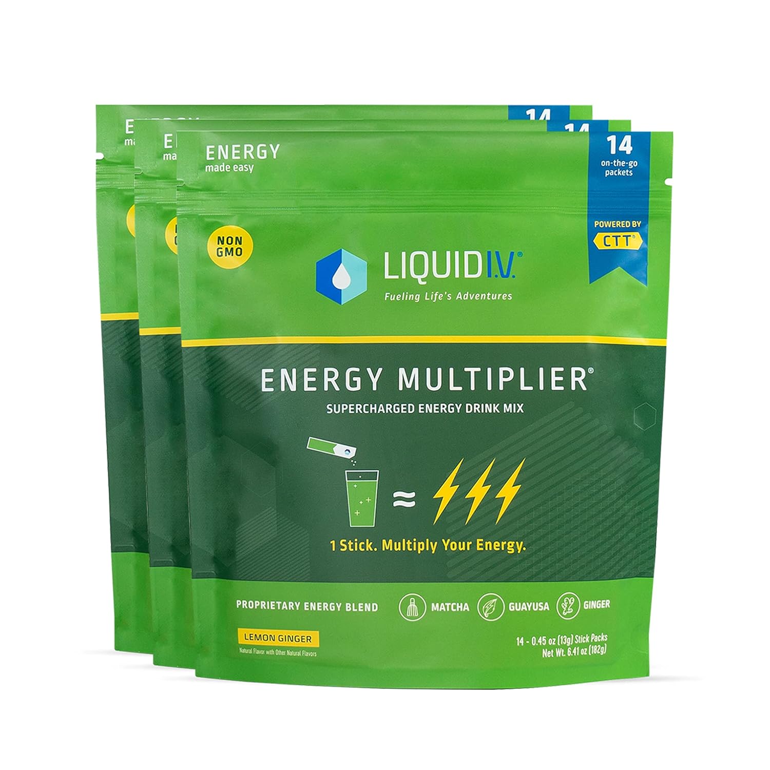 Liquid I.V. Hydration + Energy Multiplier - Lemon Ginger - Hydration Powder Packets | Electrolyte Powder Drink Mix | Easy Open Single-Serving Servings | Non-GMO | 3 Pack (42 Servings)