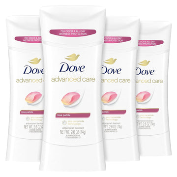 Dove Advanced Care Antiperspirant Deodorant Stick Rose Petals 4 Count For After Shave Care For Underarms 72 Hour Odor Control With All-Day Sweat Protection Stick For Soft Underarms 2.6 Oz