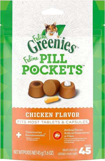 Greenies Feline Pill Pockets For Cats Natural Soft Cat Treats, Chicken Flavor, 1.6 Oz. Pack (45 Treats)