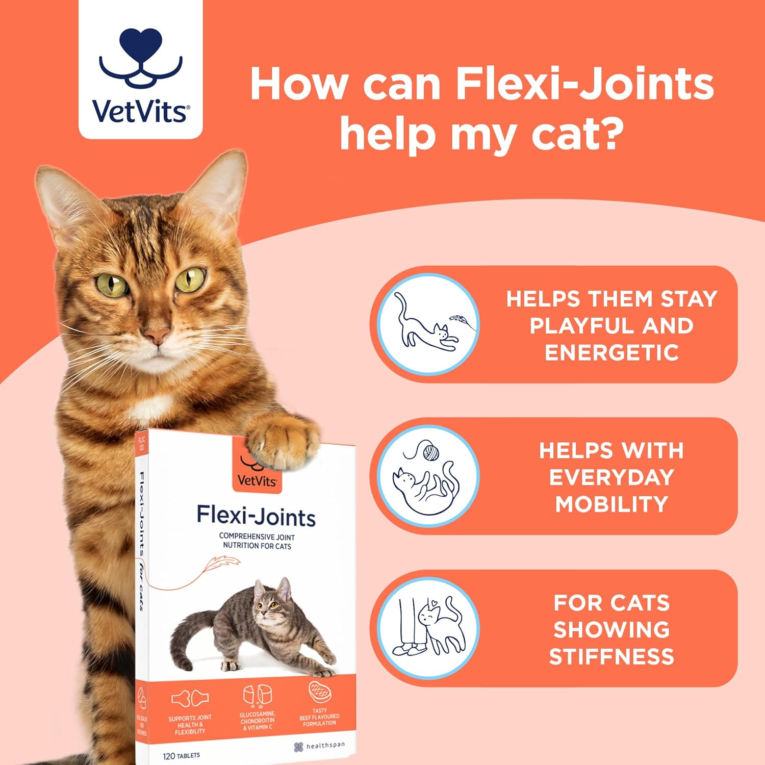 Vetvits by Healthspan Flexi-Joints For Cats (4 months' supply) | Advanced Blend of Glucosamine & Chondroitin to support your cat's joint health | With Vitamins C & E | Tasty beef flavoured : Amazon.co.uk: Pet Supplies