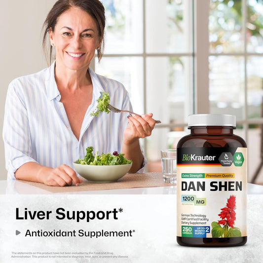 Bio Krauter Dan Shen Root Capsules - 1200 Mg Strength - 100 Red Sage Caps - Antioxidant Source - Salvia Miltiorrhiza Root - Vegan