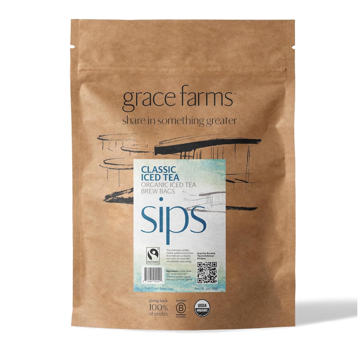 Grace Farms Classic Organic Iced Tea (Twelve 1Qt. Brew Bags, 3 Gallons) | Premium Bold & Brisk | Easy Cold Brew 3 Gallons | Gives Back 100% Of Profits