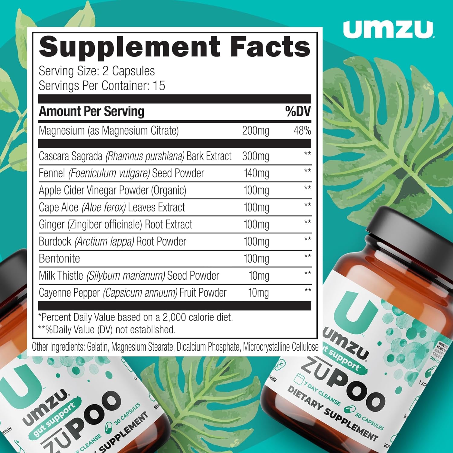 UMZU zuPoo - Colon Health & Constipation Relief - Supplement for Bloating - Natural Cleanse - with Milk Thistle, Ginger & More - 15-Day Supply - 30 Capsules : Health & Household