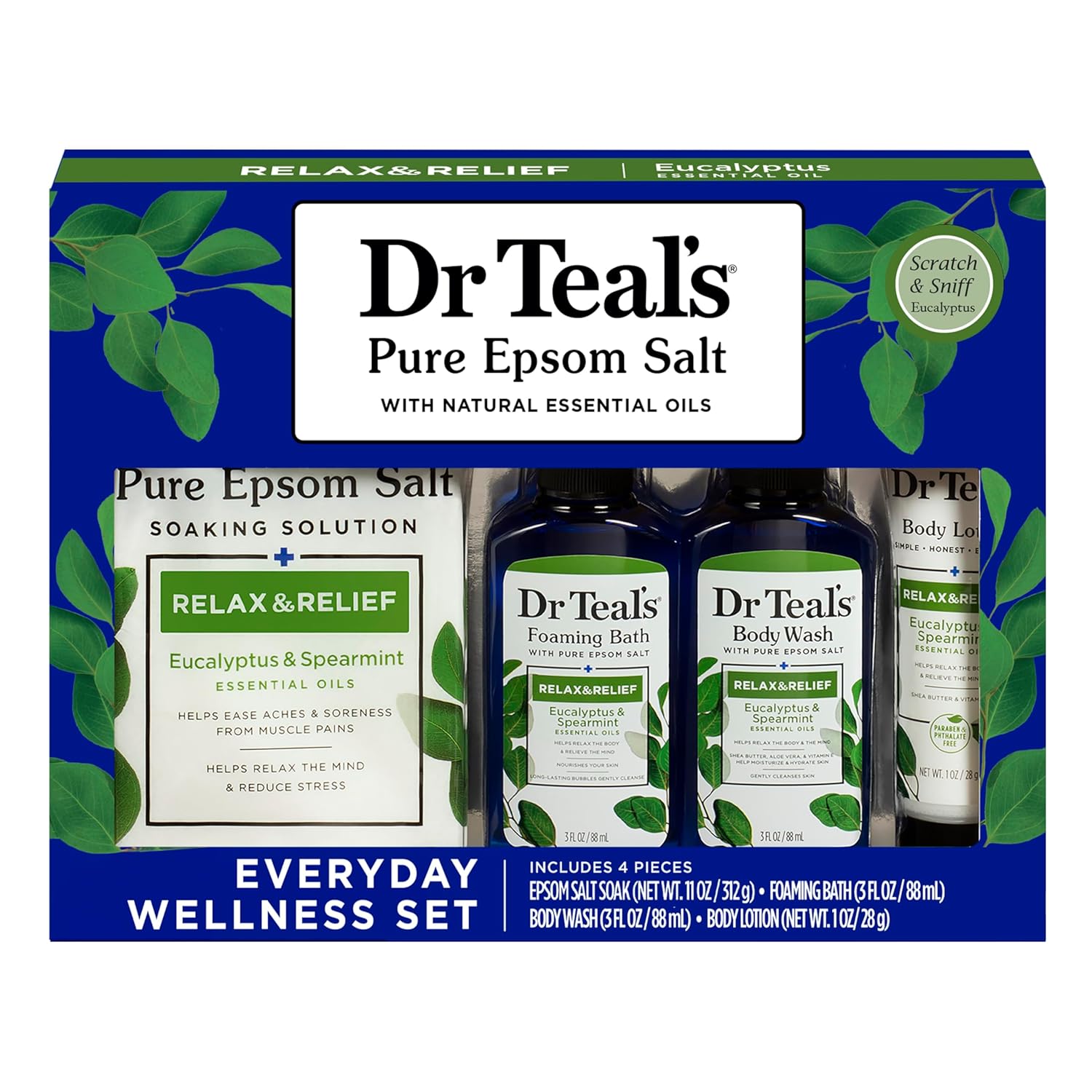 Dr Teal'S Relax & Relief Bath Gift Set, Eucalyptus & Spearmint Essential Oil , 4 Piece