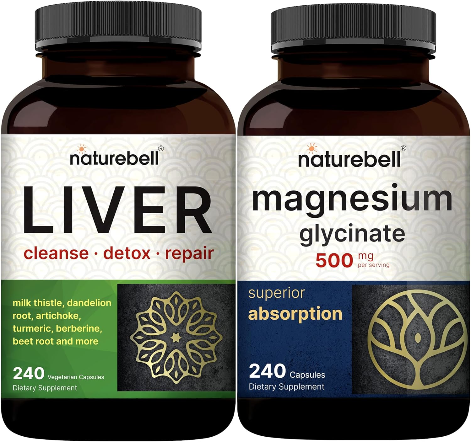 Naturebell Magnesium Glycinate Capsules 500Mg & Liver Cleanse Detox Supplement Bundle Pack | Chelated & Purified Mineral | 15-In-1 Complex With Milk Thistle 500Mg