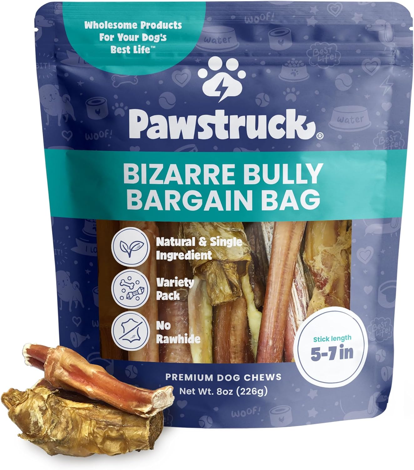 Pawstruck Natural Bizarre Bully Sticks Bargain Bag for Dogs & Puppies - Variety Pack of 5-7" Long Lasting Eco-Conscious Beef Chew Treats - 8 oz. Bag - Packaging May Vary