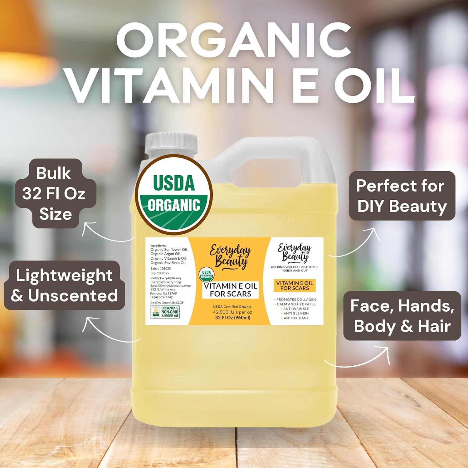 Organic Vitamin E Oil Bulk - 32Oz Usda Certified 100% All Natural Plant Based - Light And Unscented Great For Scars After Surgery - For Face, Skin And Nails - Anti-Aging, Reduce Appearance Of Wrinkles : Beauty & Personal Care