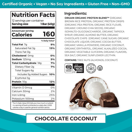 Orgain Organic Vegan Protein Bars, Chocolate Coconut - 10G Plant Based Protein, Gluten Free Snack Bar, Low Sugar, Dairy Free, Soy Free, Lactose Free, Non Gmo, 1.41 Oz (12 Count)