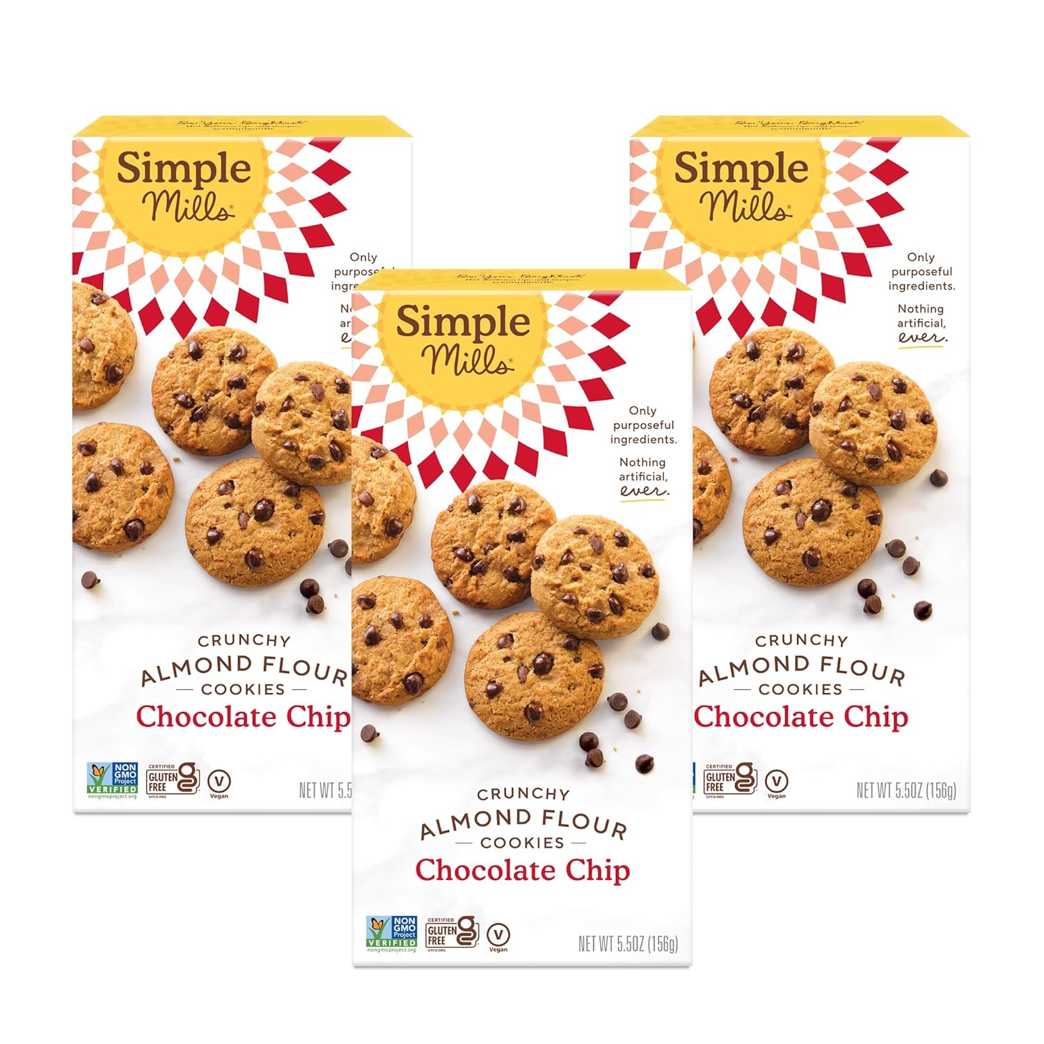Simple Mills Almond Flour Crunchy Cookies, Chocolate Chip - Gluten Free, Vegan, Healthy Snacks, Made with Organic Coconut Oil, 5.5 oz (Pack of 3)
