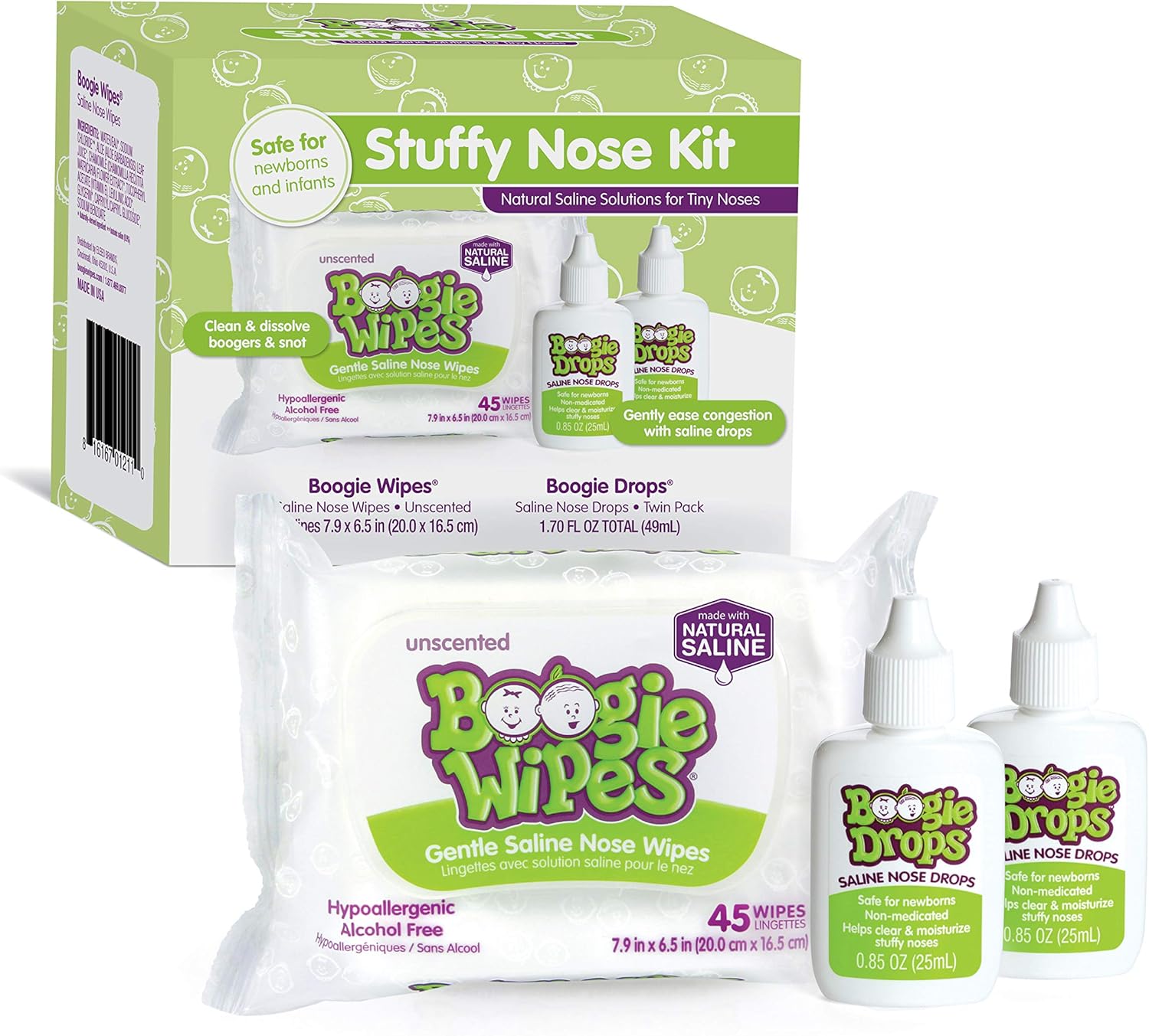 Boogie Stuffy Nose Relief Kit Wipes, Fsa/Hsa Eligible, Baby Wipes Unscented Wipes 45 Count (Pack Of 1), Baby Nasal Saline Drops Drops 2 Bottles Total (Pack Of 1)…