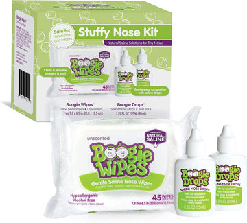 Boogie Stuffy Nose Relief Kit Wipes, Fsa/Hsa Eligible, Baby Wipes Unscented Wipes 45 Count (Pack Of 1), Baby Nasal Saline Drops Drops 2 Bottles Total (Pack Of 1)…