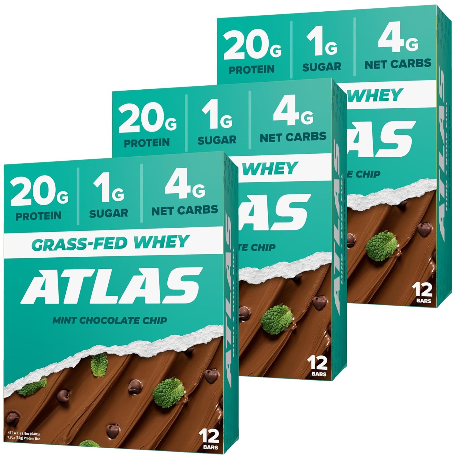 Atlas Protein Bar, 20G Protein, 1G Sugar, Clean Ingredients, Gluten Free (Mint Chocolate Chip, 12 Count (Pack Of 3))