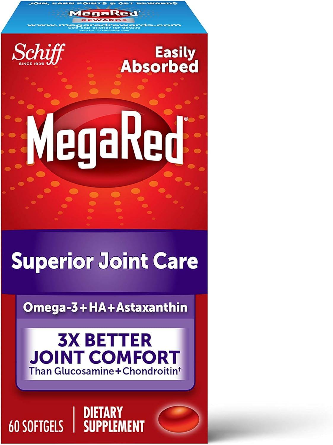 MegaRed Omega-3 Krill Oil and Joint Supplement Joint Care 60 softgels - EPA/DHA Fatty acids, Antioxidants, Hyaluronic Acid, No Fishy Burp Aftertaste as with Fish Oil