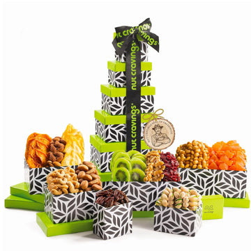 Nut Cravings Gourmet Collection - Dried Fruit & Mixed Nuts Gift Basket Leaf Tower + Ribbon (12 Assortments) Teacher Appreciation Arrangement Platter Bday Care Package Healthy Kosher