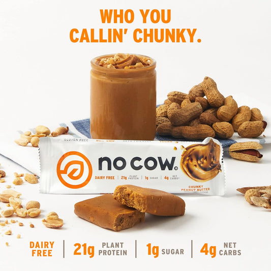 No Cow High Protein Bars, Chunky Peanut Butter - Healthy Snacks, 20G Vegan Protein, High Fiber, Low Sugar, Keto Friendly, Dairy & Gluten Free (12 Count)