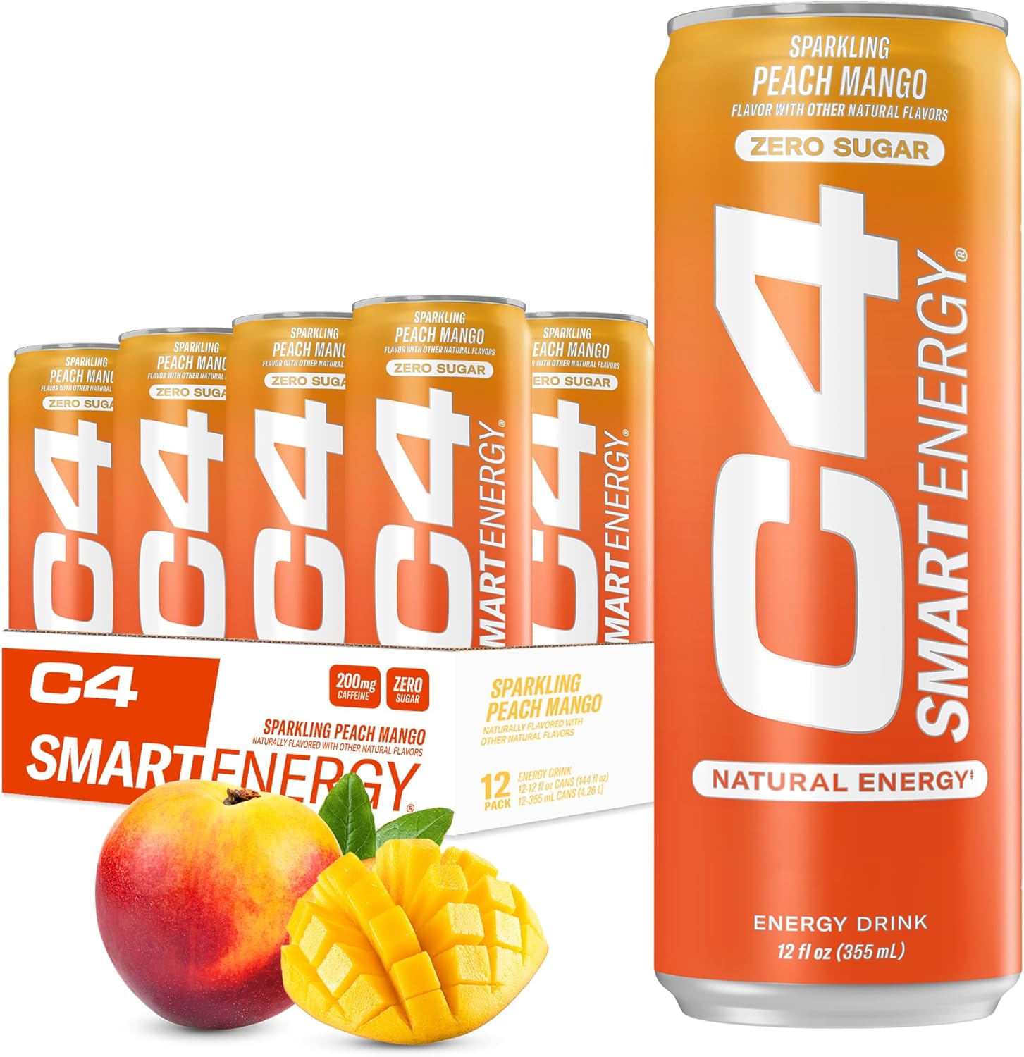 C4 Smart Energy Drink – Boost Focus And Energy With Zero Sugar, Natural Energy, And Nootropics - 200Mg Caffeine - Peach Mango (12Oz Pack Of 12)