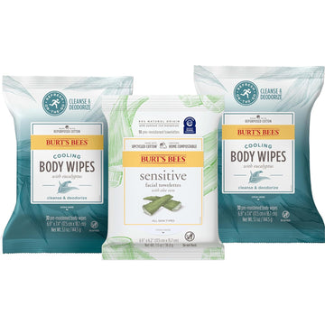 Burt's Bees Cooling Body Wipes With Eucalyptus and Sensitive Facial Towelettes, Pre-Moistened Towelettes for Cleansing, Natural Origin Skin Care, 30 ct. Body Wipes (2-Pack)/10 ct. Facial Wipes Package