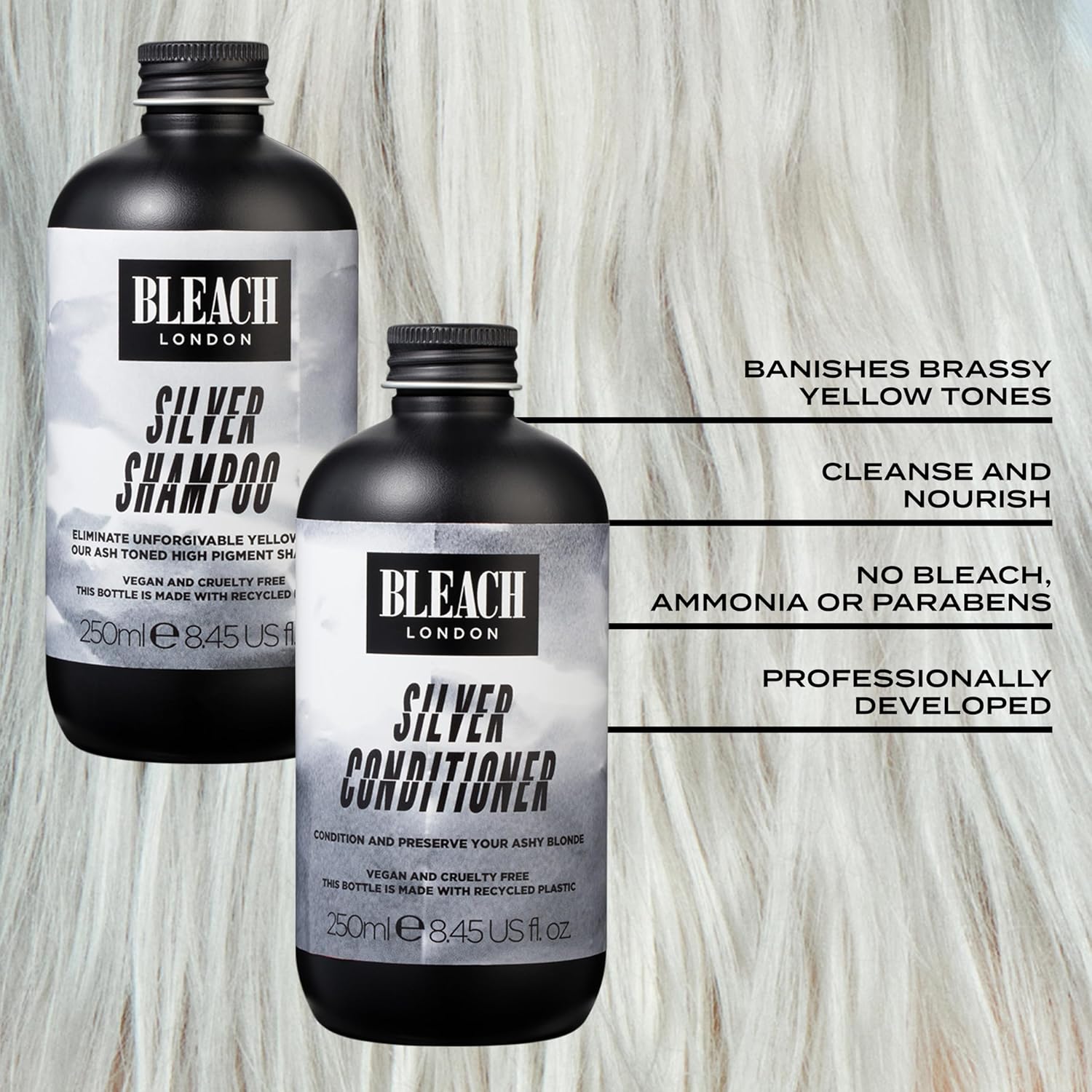 BLEACH LONDON Silver Shampoo 250 ml and Silver Conditioner 250 ml - High Pigmented Ashy Silver Rinse, Vegan Cruelty Free, colour Protected Clean, colour Depositing Toning Formula : Amazon.co.uk: Beauty