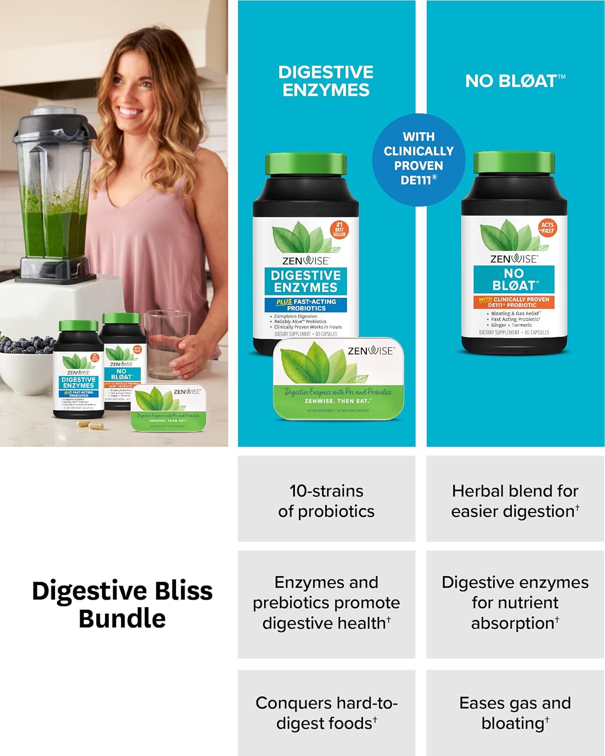 Zenwise Health Digestive Bliss Bundle Digestive Enzymes + No Bloat + Free Digestive Enzymes Travel Tin - Pre And Post Meal Digestive Routine With Enzymes And Probiotics For Digestive Health