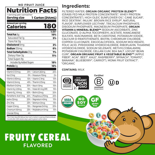 Orgain Organic Kids Nutritional Protein Shake, Fruity Cereal, Healthy Kids Snacks 8G Dairy Protein, 4G Fiber, 22 Vitamins & Minerals, Gluten Free, Non-Gmo, 8.25 Fl Oz (12 Pack) (Packaging May Vary)