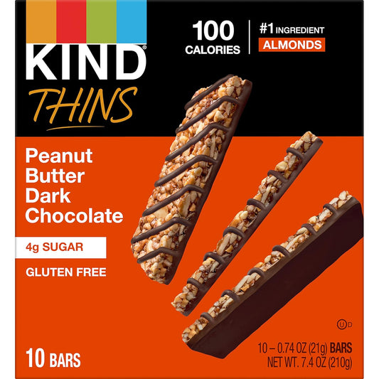 Kind Thins Peanut Butter Dark Chocolate Bars, Gluten Free, 100 Calories, 0.74 Oz Bars, 10 Count