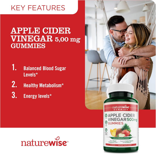 Naturewise Apple Cider Vinegar Gummies - 500Mg Acv Gummies With Vitamin B12 - Apple-Pineapple Flavor - Support For Energy & Gut Health - Vegan, Gluten-Free, Non-Gmo - 60 Gummies[2-Month Supply]