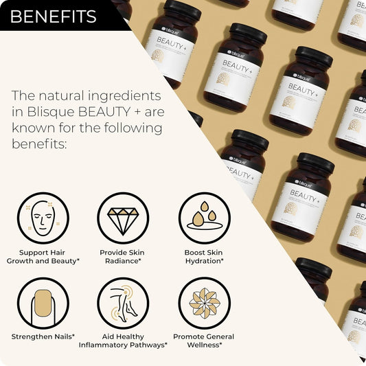 Blisque - Natural Beauty Supplement For Nail Strength, Hair Growth, And Skin Care | With Biotin & Hyaluronic Acid | Doctor Approved | Vegan And Non-Gmo | 90 Capsules