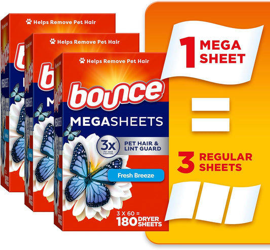 Bounce Mega Dryer Sheets, Fresh Breeze, 180 Count (Packaging May Vary)