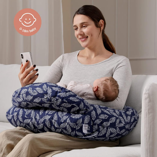 Momcozy Nursing Pillow Navy Blue And Replacement Pillowcase, Original Plus Size Breastfeeding Pillows For More Support For Mom And Baby, With Adjustable Waist Strap