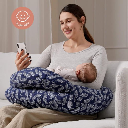 Momcozy Original Nursing Pillow And Positioner - Plus Size Feeding Pillow | Breastfeeding, Bottle Feeding, Baby Support | With Adjustable Waist Strap And Removable Cotton Cover, Navy Blue