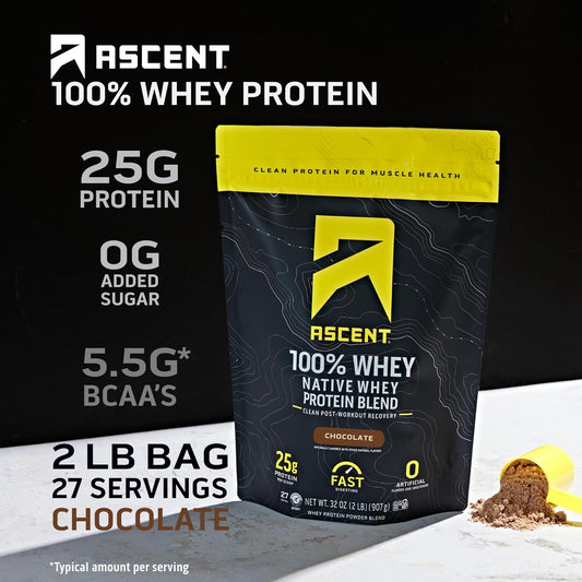 Ascent 100% Whey Protein Powder - Post Workout Whey Protein Isolate, Zero Artificial Flavors & Sweeteners, Gluten Free, 5.5g BCAA, 2.6g Leucine, Essential Amino Acids, Chocolate 2 lb