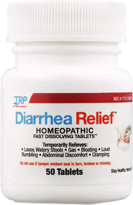 The Relief Products Diarrhea Relief - 100% Natural Active Ingredients - Relieves Loose Stools, Gas, Bloating, Discomfort - Fast Dissolving Tablets - 50Ct
