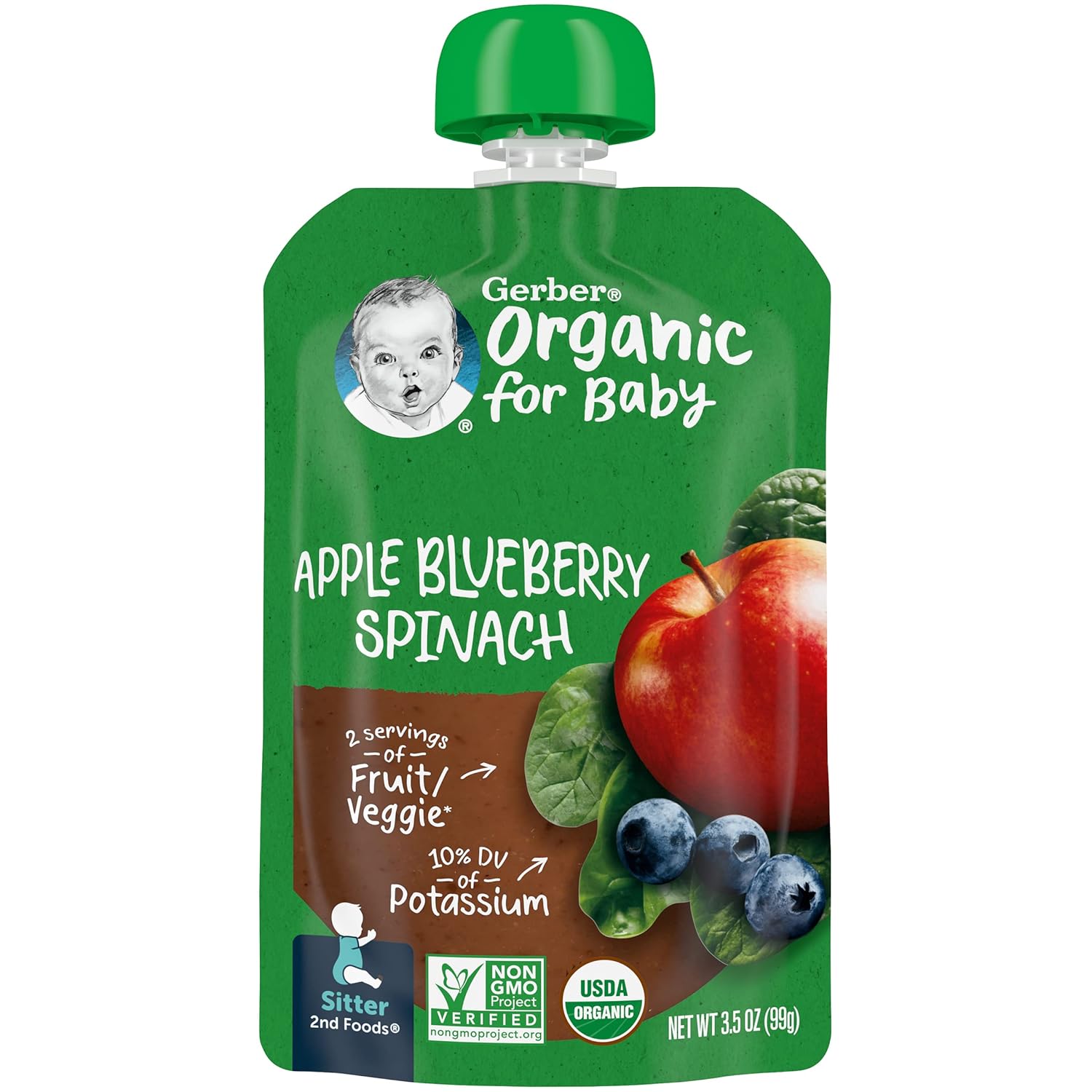 Gerber Organic Apple Blueberry Spinach Baby Food, 3.5 Oz Pouch