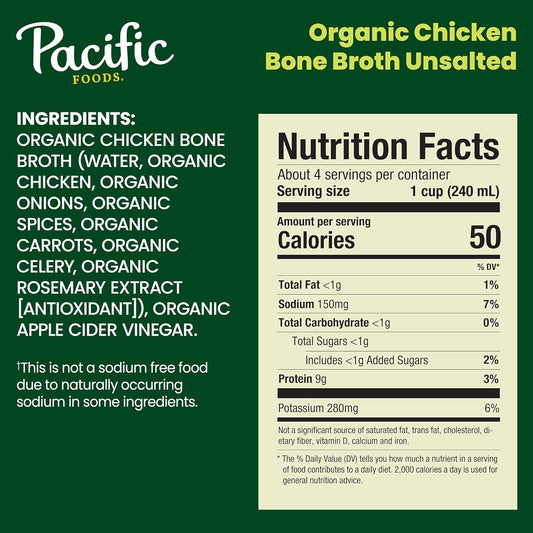 Pacific Foods Organic Unsalted Chicken Bone Broth, 32 Oz Carton