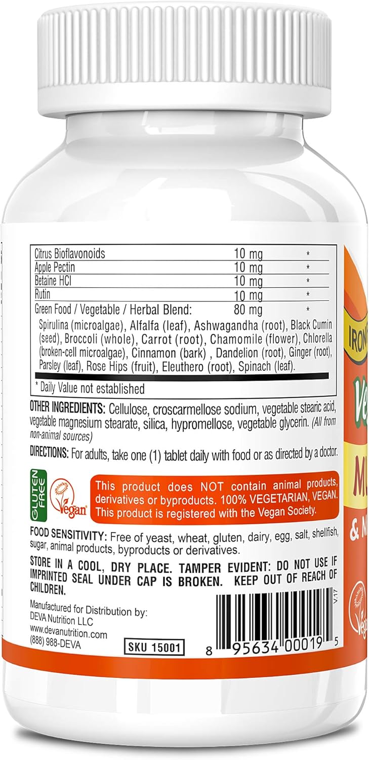 DEVA Vegan Multivitamin and Mineral Supplement - One Daily Vitamin Formula with Greens - Iron Free - 90 Coated Tablets, 1-Pack : Health & Household