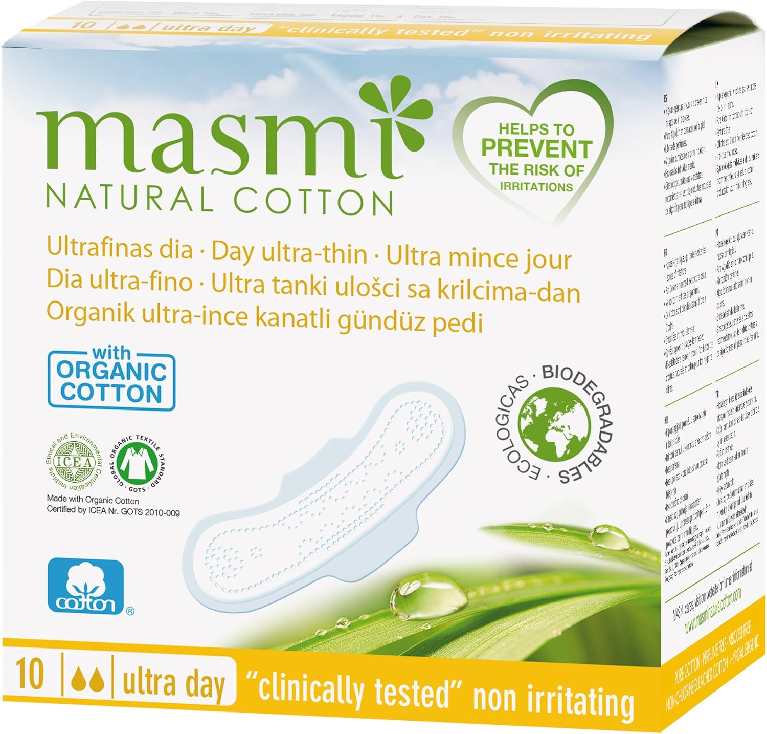 Masmi Organic Ultra Thin Day Pads With Wings Individually Wrapped Certified Organic Cotton Hypoallergenic Biodegradable Perfume Viscose Rayon Chlorine And Dioxin Free… (Single Pack)