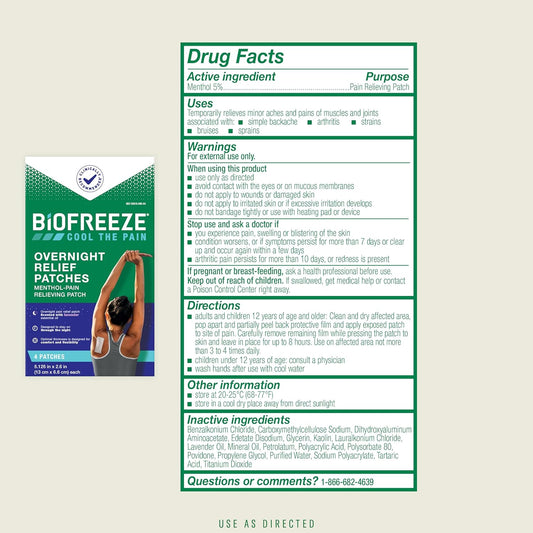 Biofreeze Overnight Pain Relief Patches, Arthritis Pain Reliever, Knee & Lower Back Pain Relief Patch, Sore Muscle Relief, Neck Pain Relief, 4 Biofreeze Menthol Patches