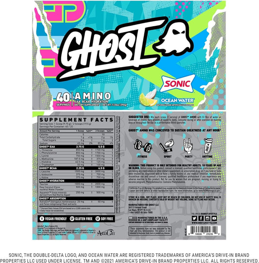 Ghost Amino: Essential Amino Acid Supplement, Sonic Ocean Water - 40 Servings - Intra-Workout Powder For Hydration And Recovery 4.5G Bcaa & 5.5G Eaa - Soy & Gluten-Free, Vegan