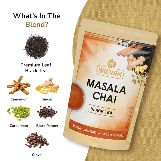 Brewix, Masala Chai Tea Bags (50 Pyramid Tea Bags) Strong, Robust & Spicy - Pure Ingredients | Black Tea, Cinnamon, Ginger, Black Pepper, Cardamom & Cloves, Packed In Resealable Ziplock Pouch