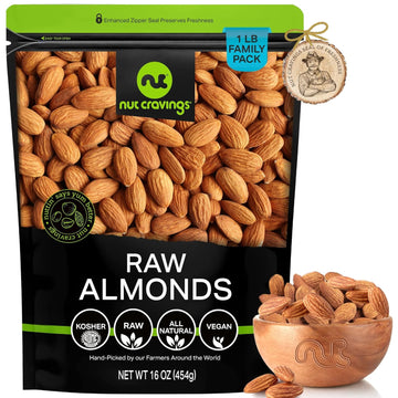 Nut Cravings - Raw Whole Almonds, Unsalted, Shelled, (16Oz - 1 Lb) Bulk Nuts Packed Fresh In Resealable Bag - Kosher Healthy Snack, Natural Keto Vegan - Ideal For Trail Mixed Nuts