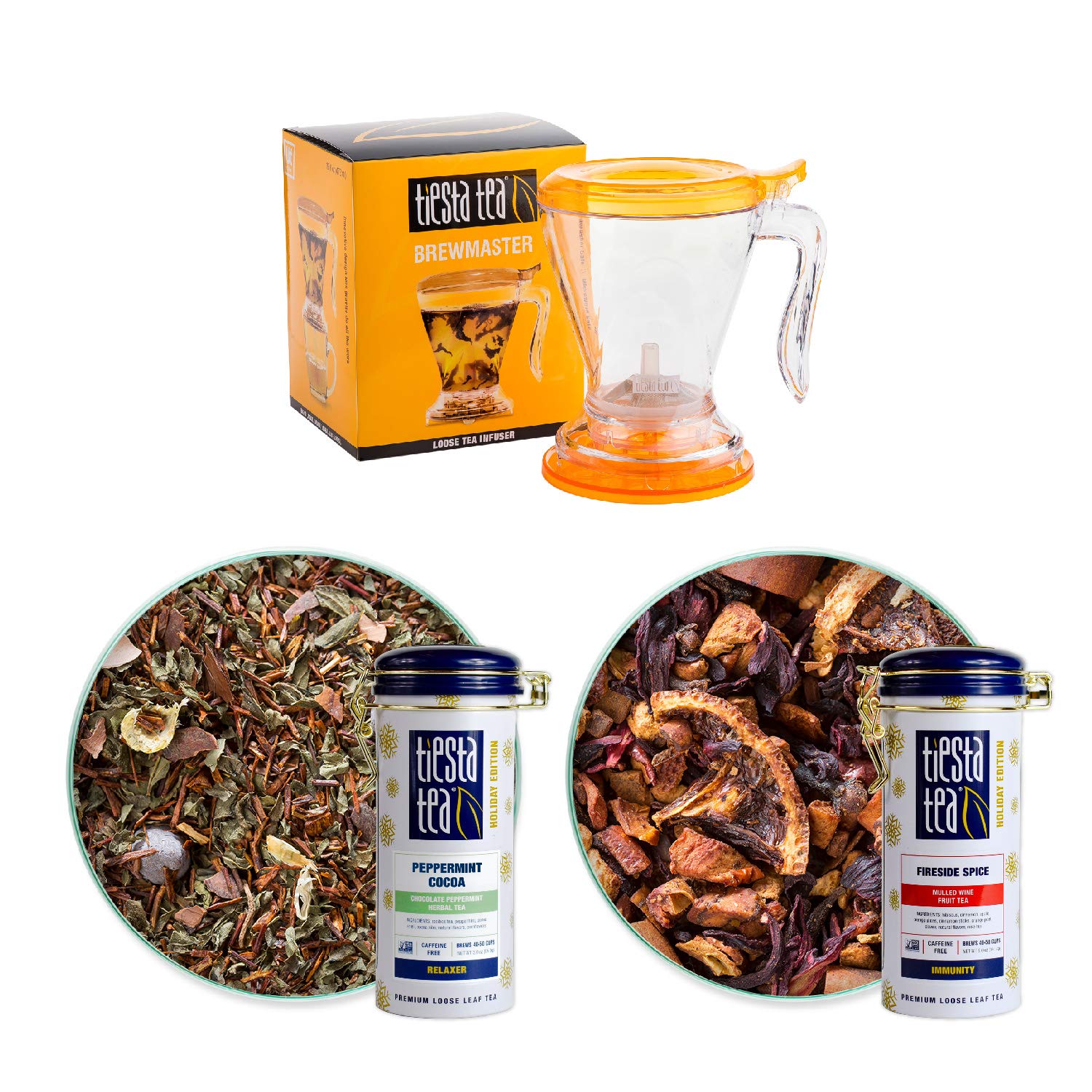 Tiesta Tea - Brewmaster And Cozy Fireside Tea Gift Set | Fireside Spice & Peppermint Cocoa Loose Leaf Holiday Tea Blends With Infuser | Non Caffeinated Tea - 16Oz Tea Infuser & 2 Refillable Tin Combo
