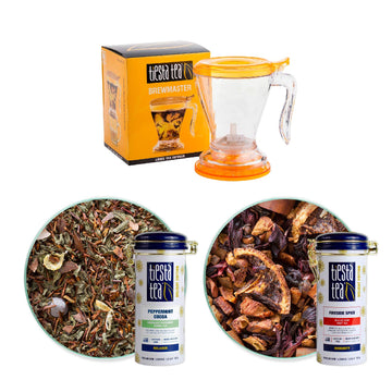 Tiesta Tea - Brewmaster And Cozy Fireside Tea Gift Set | Fireside Spice & Peppermint Cocoa Loose Leaf Holiday Tea Blends With Infuser | Non Caffeinated Tea - 16Oz Tea Infuser & 2 Refillable Tin Combo