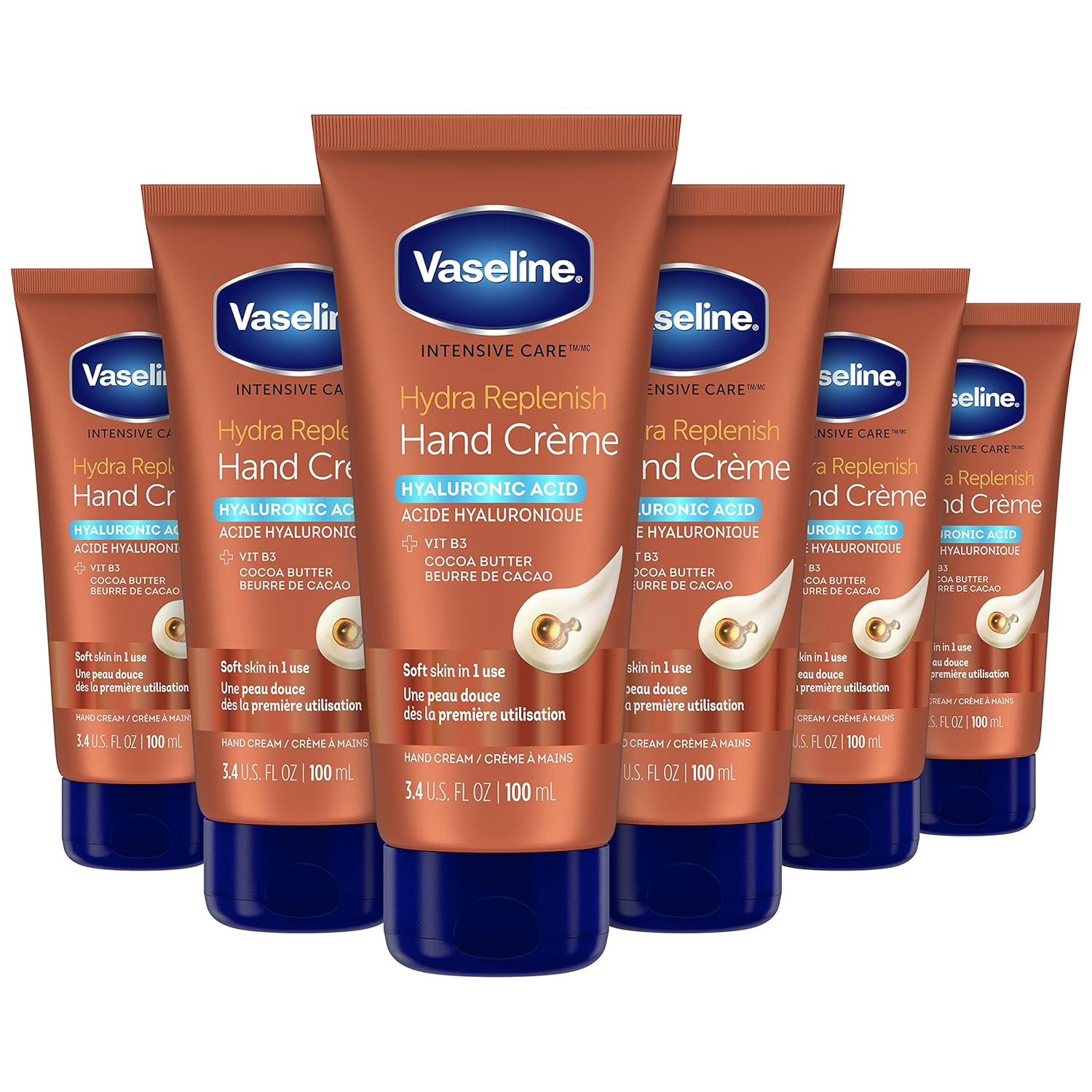 Vaseline Intensive Care Hand Crème Moisturizer For Dry Hands Hydra Replenish Made With Hyaluronic Acid, Vitamin B3, And Cocoa Butter 3.4 Oz 6 Count