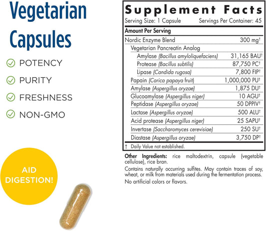 Nordic Naturals Nordic Flora Digestive Enzymes - 45 Capsules - Digestive Function, Optimizes Nutrient Availability - Non-GMO - 45 Servings